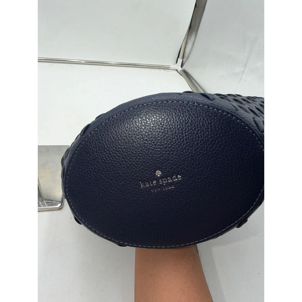 Kate Spade Dahlia Small Tote Parisian Navy Leather Woven Flower Bag KO471 NEW